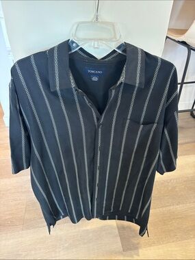 Toscano Black Silk Button-Up with Silver Stripes